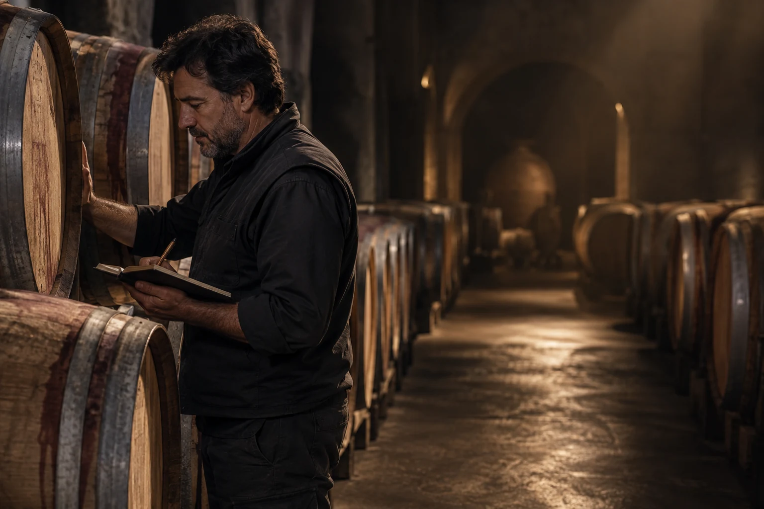 Enólogo trabajando en una cava de barricas